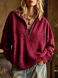 Burgundy Leopard Print Half Zip Oversized Pullover Sweatshirt