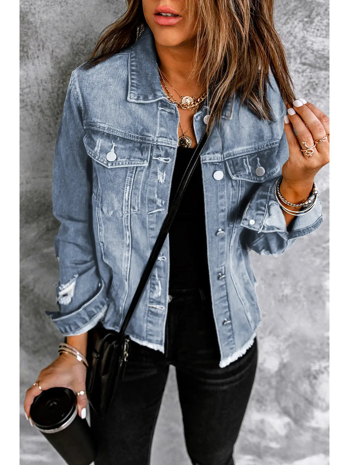 Lapel Distressed Raw Hem Buttons Denim Jacket