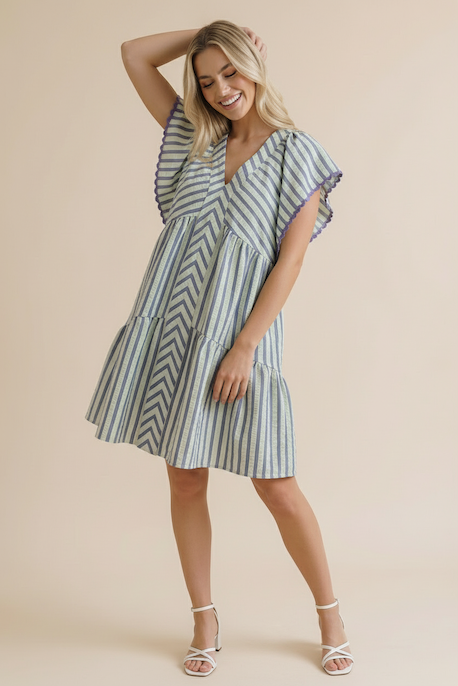 V-neck Drop Shoulder Tiered Midi Dress