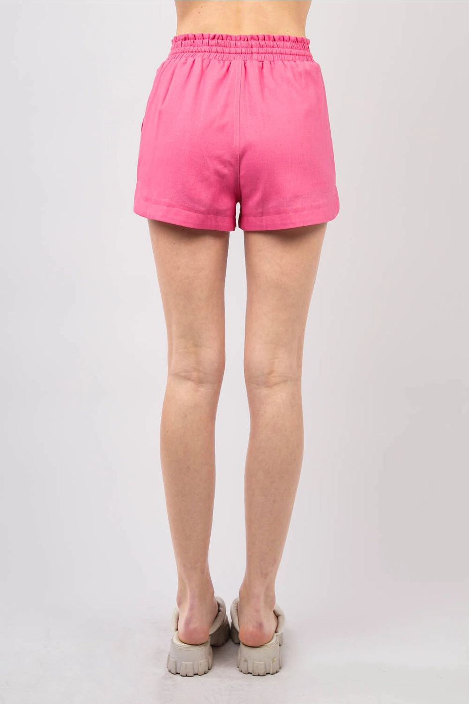 Pink Elastic Waist Linen Shorts