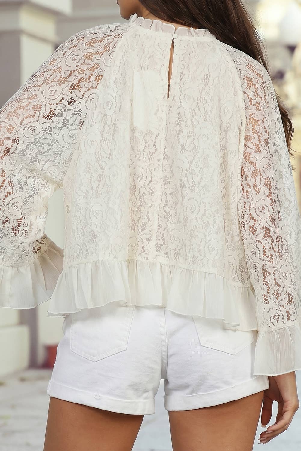 Sheer Lace Long Sleeve Ruffle Trim Loose Blouse