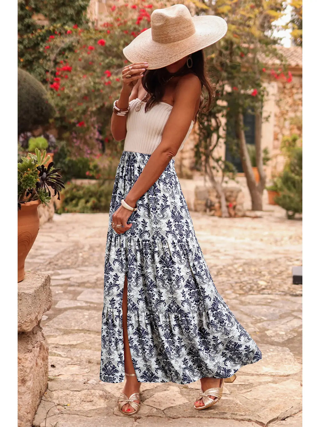 Blue Bohemian Floral Print Maxi Skirt