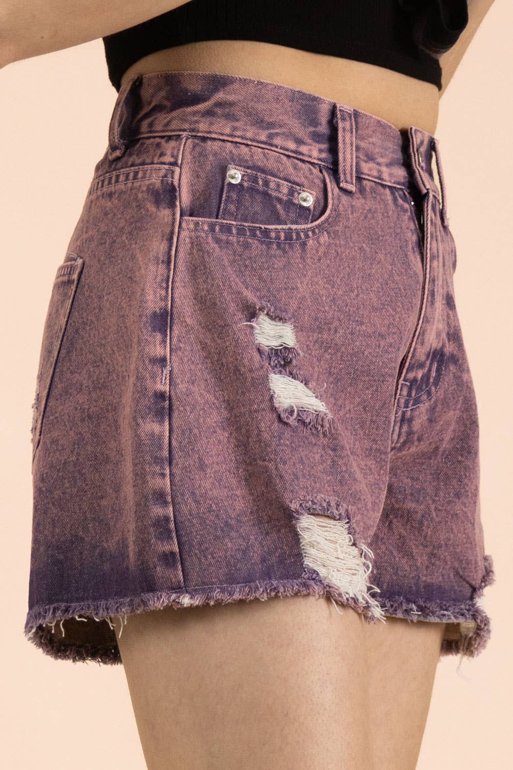 Mineral Washed Denim Distressed Shorts