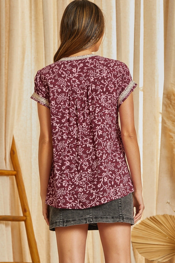 Burgundy Embroidery Print Top