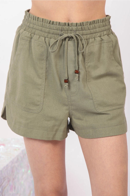 Olive Elastic Waist Linen Shorts