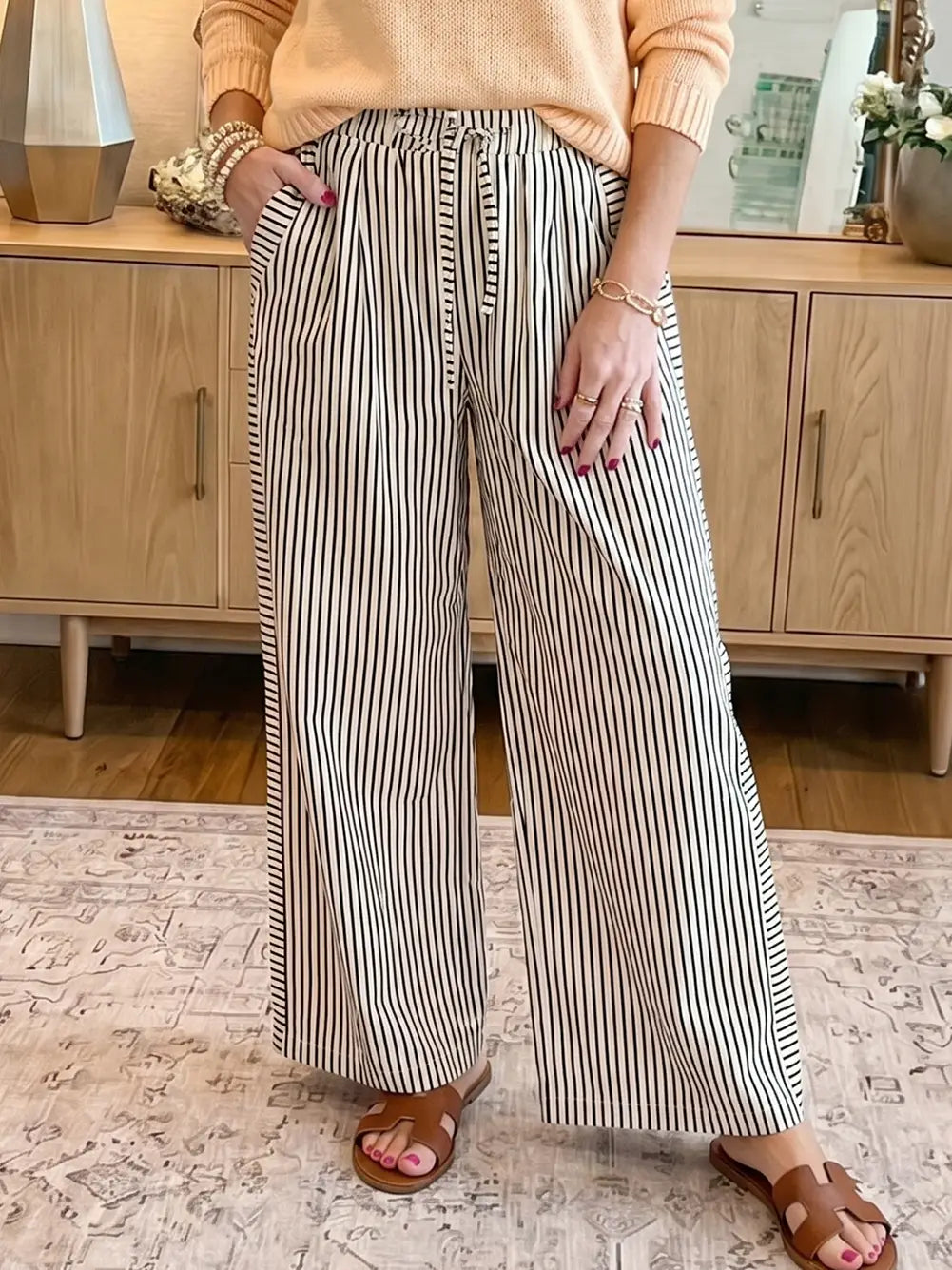 Wide Leg Black & White Striped Pants