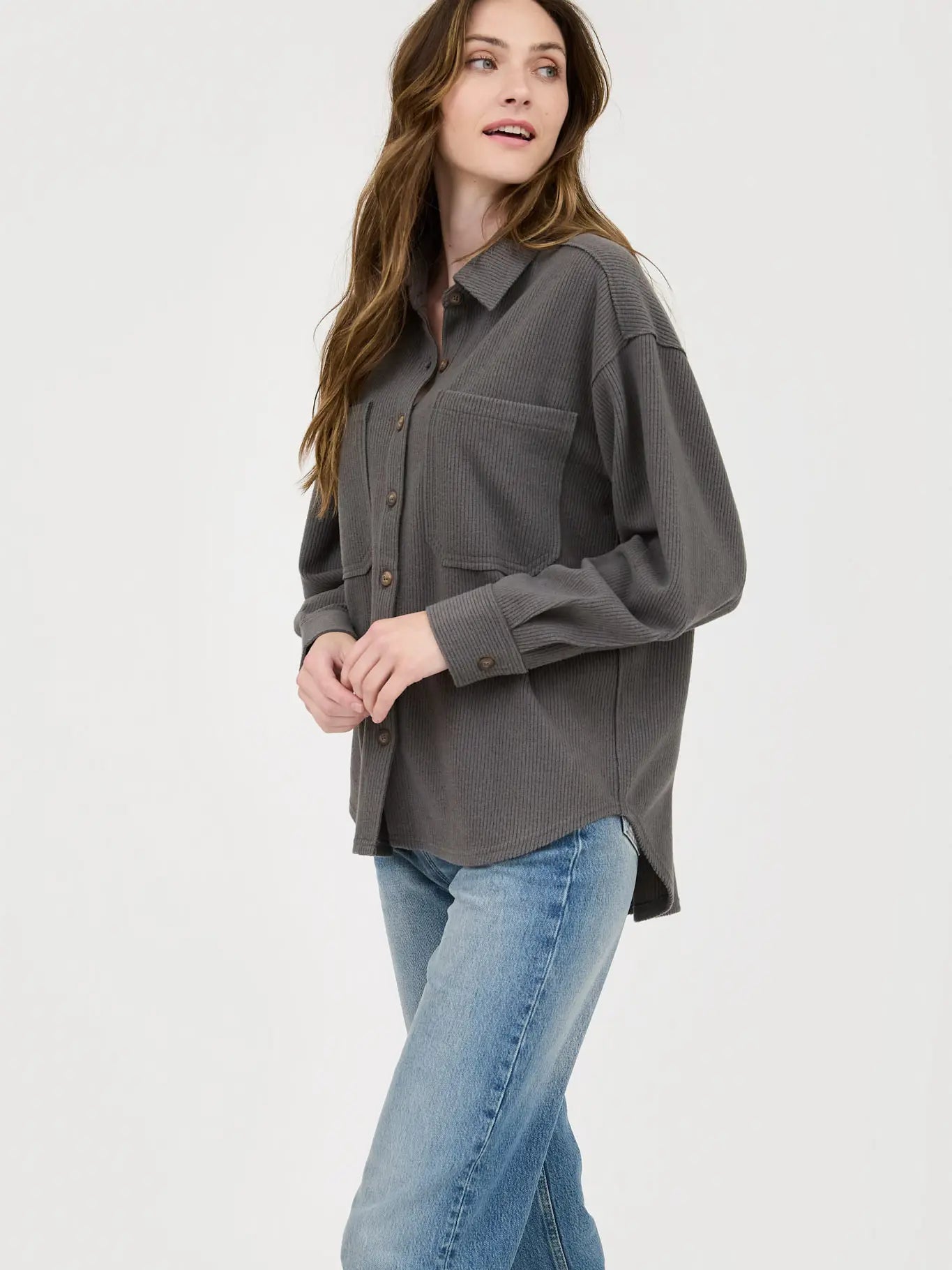 Rib Knit Exposed Seam Button Up Top Jacket - 2 Colors