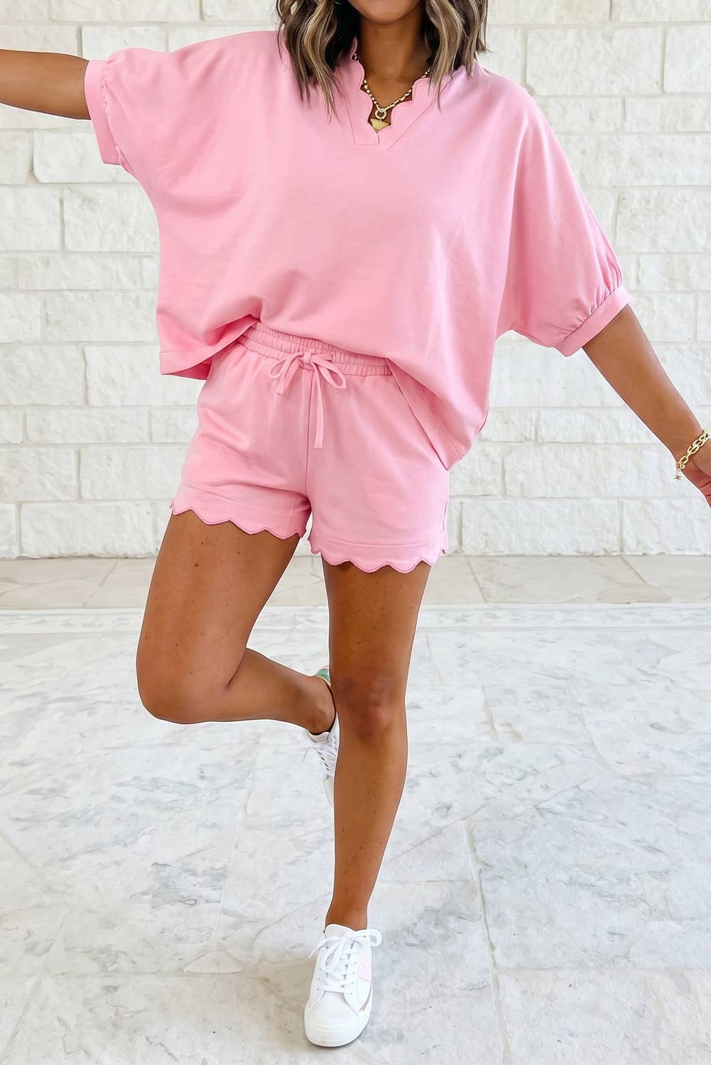 Scalloped V Neck Dolman Oversize Top Drawstring Short Set