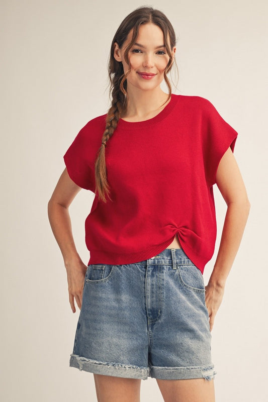 Drop Shoulder Red Sweater Top with knot detail