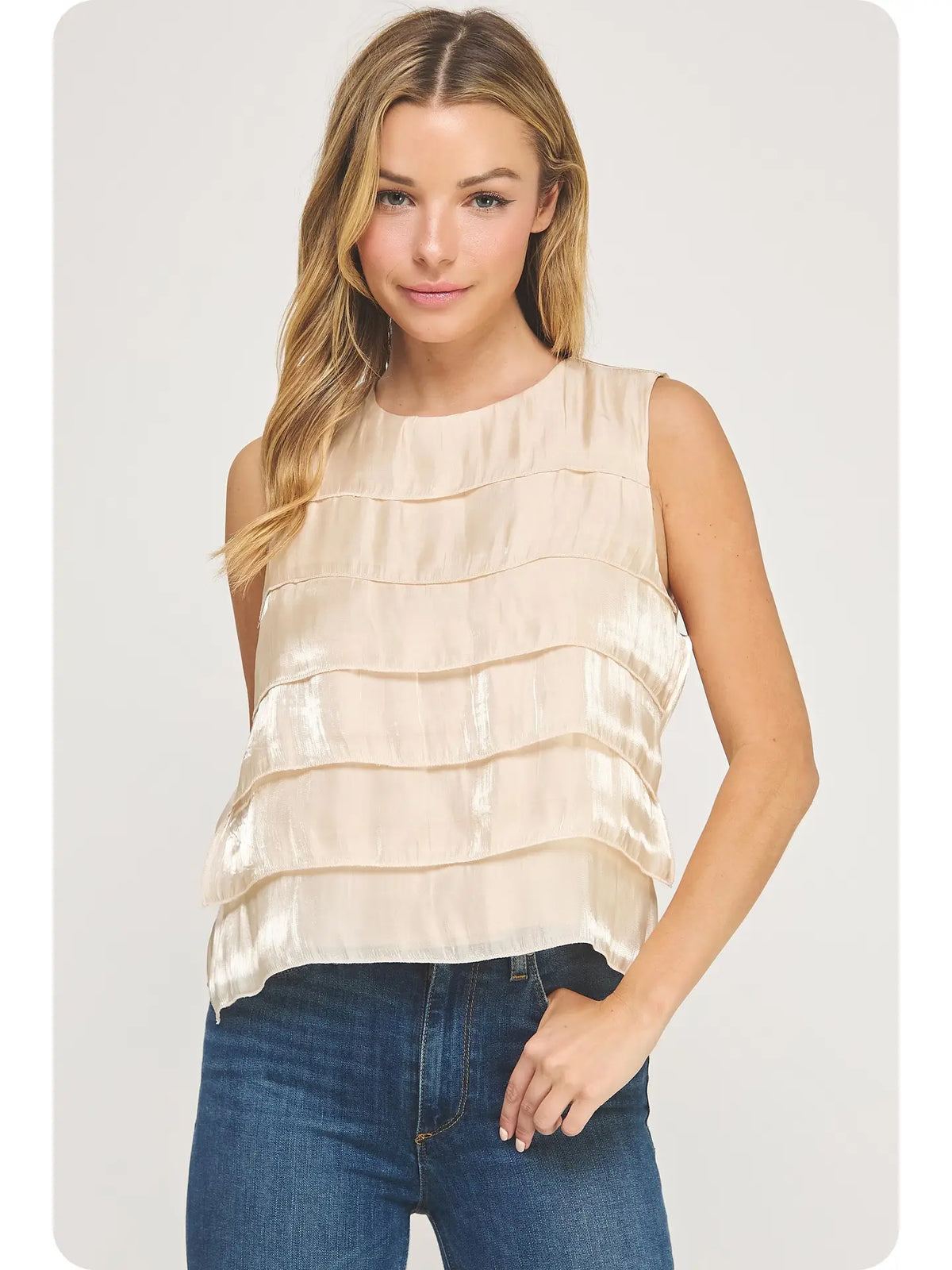 Tiered Champagne Sleeveless Satin Top