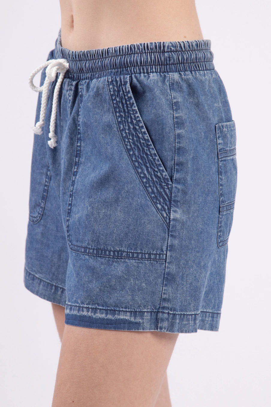 High Waist Washed Chambray Denim Shorts