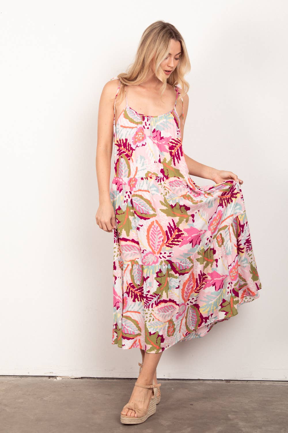 Sleeveless Tropical Printed Summer Midi Dress: PINK MIX