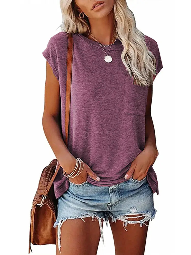 Short Cap Sleeve Shirts Solid Loose Fit Top