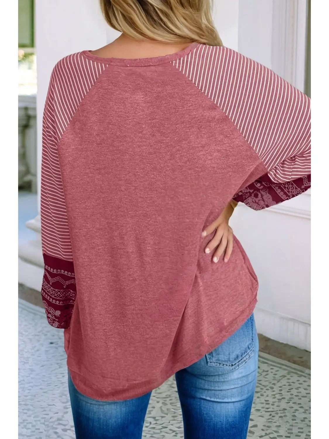 Contrast Print Striped Raglan Long Sleeve Loose Top