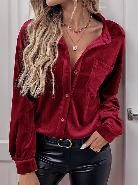 Velvet Red Button Down Top