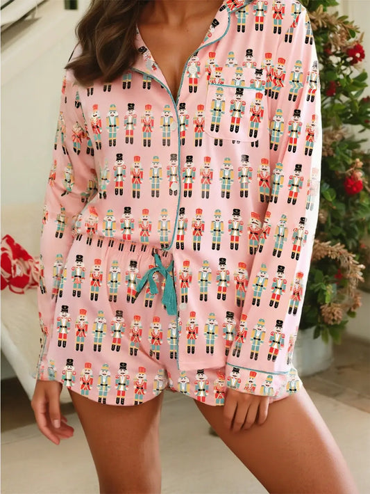 Nutcracker March Long Sleeve Button Up 2pcs Pajama Short Set
