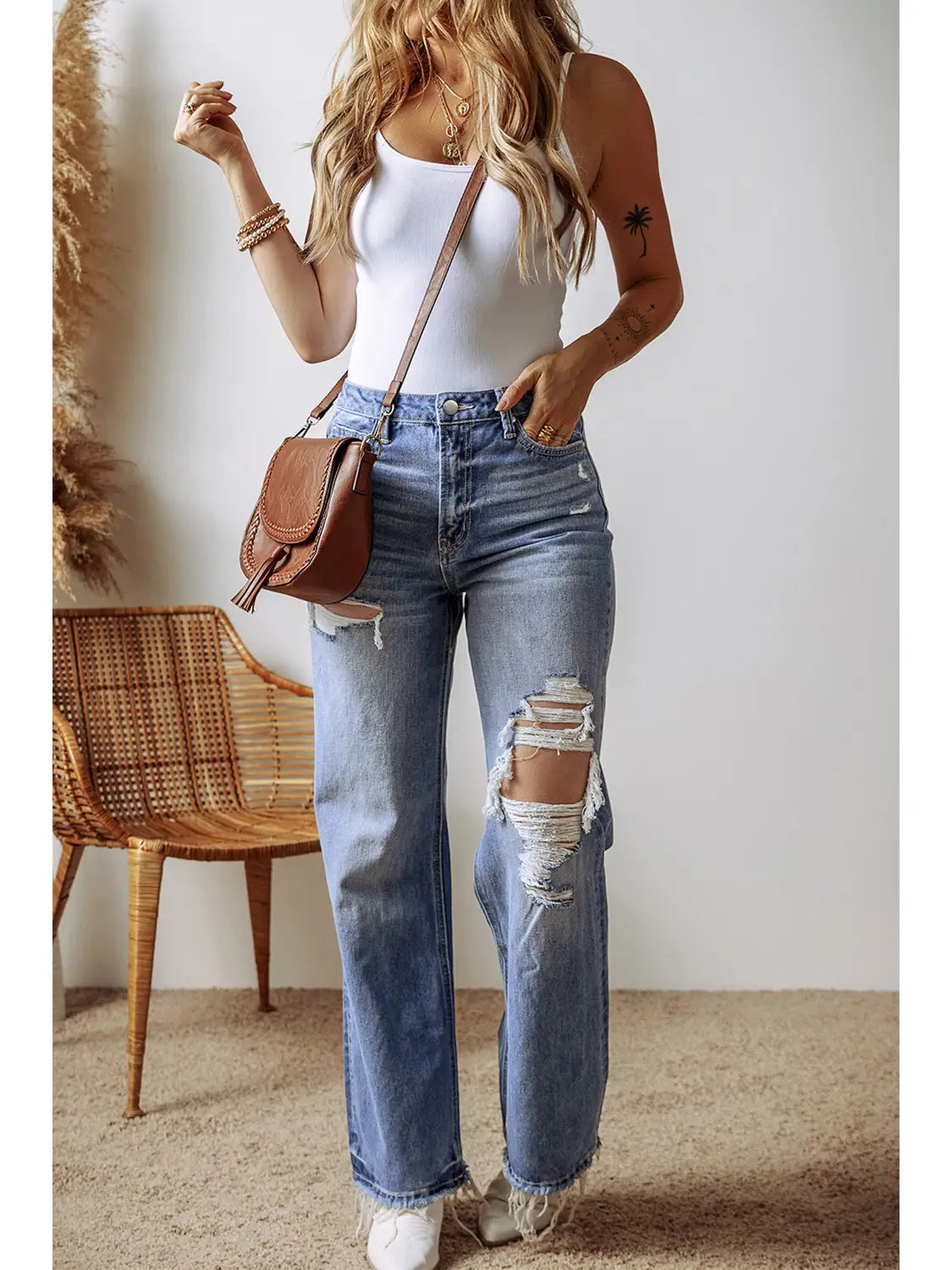 Distressed Raw Hem Straight Leg High Waist Jeans