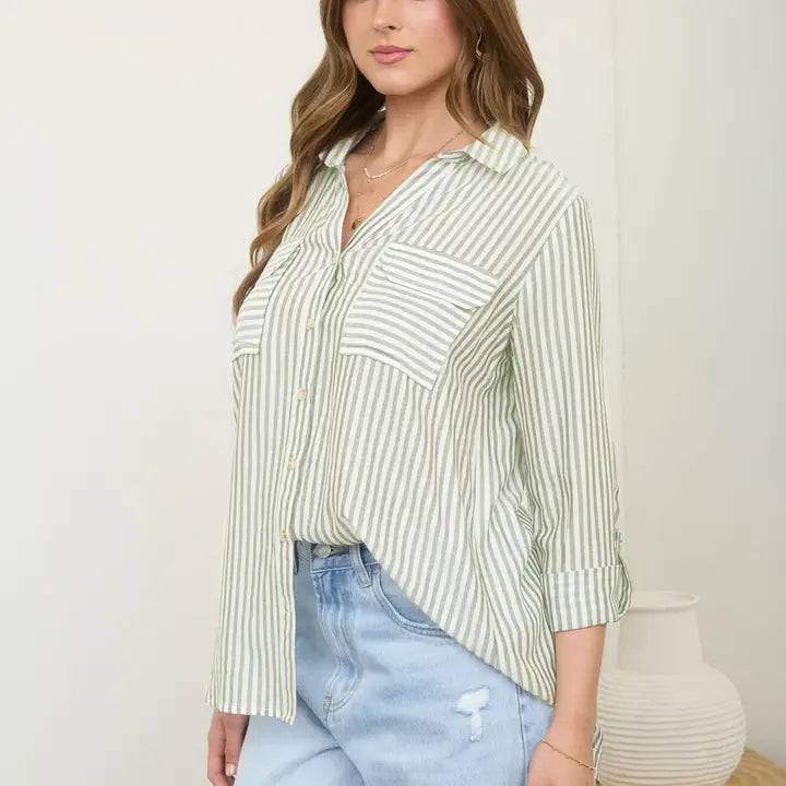 Olive Stripe Button Down Linen Shirt