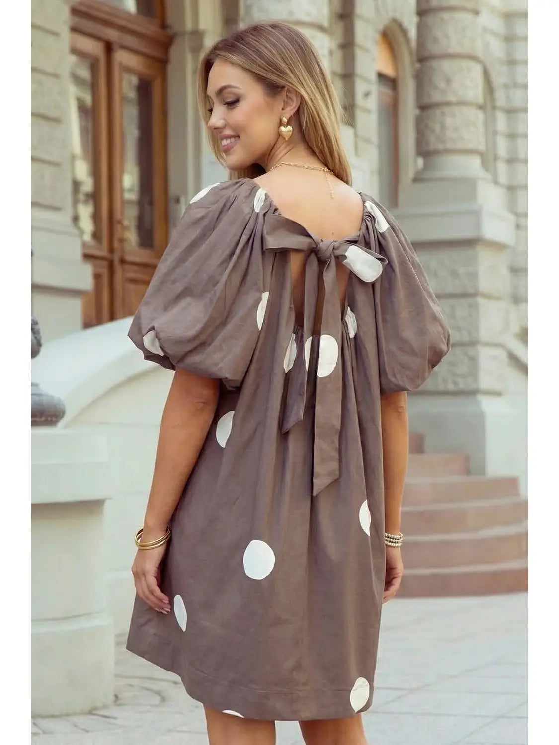 Polka Dot Knot Back Puff Sleeve Mini Dress
