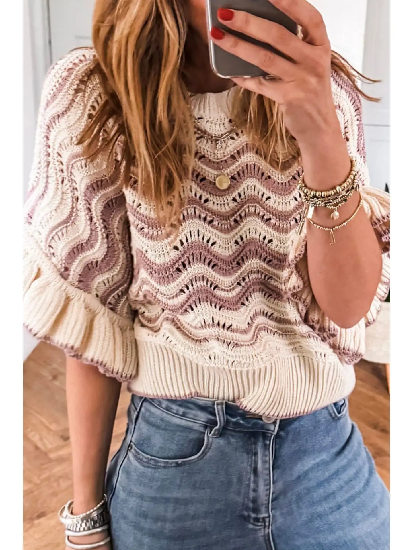 Wavy Crochet Eyelet Detail Ruffle Sleeve Top