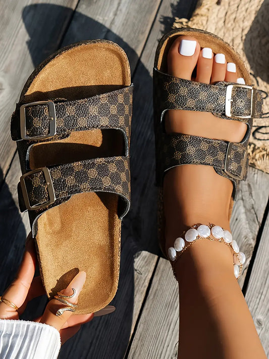Geometric Print Cut Out Buckle Leather Flat Slip On Sandals