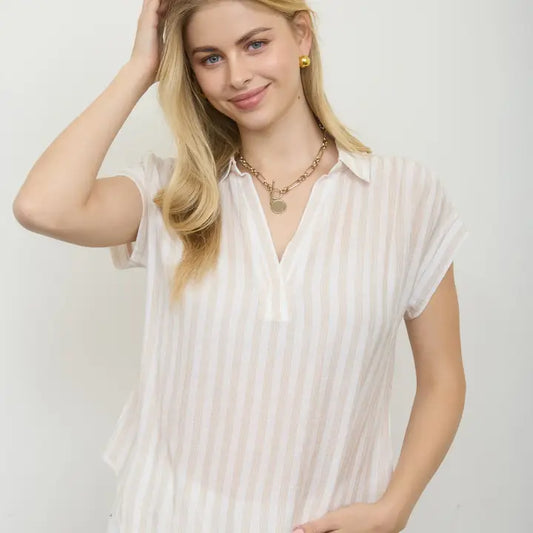 Striped Collared V Neck Raylon Top