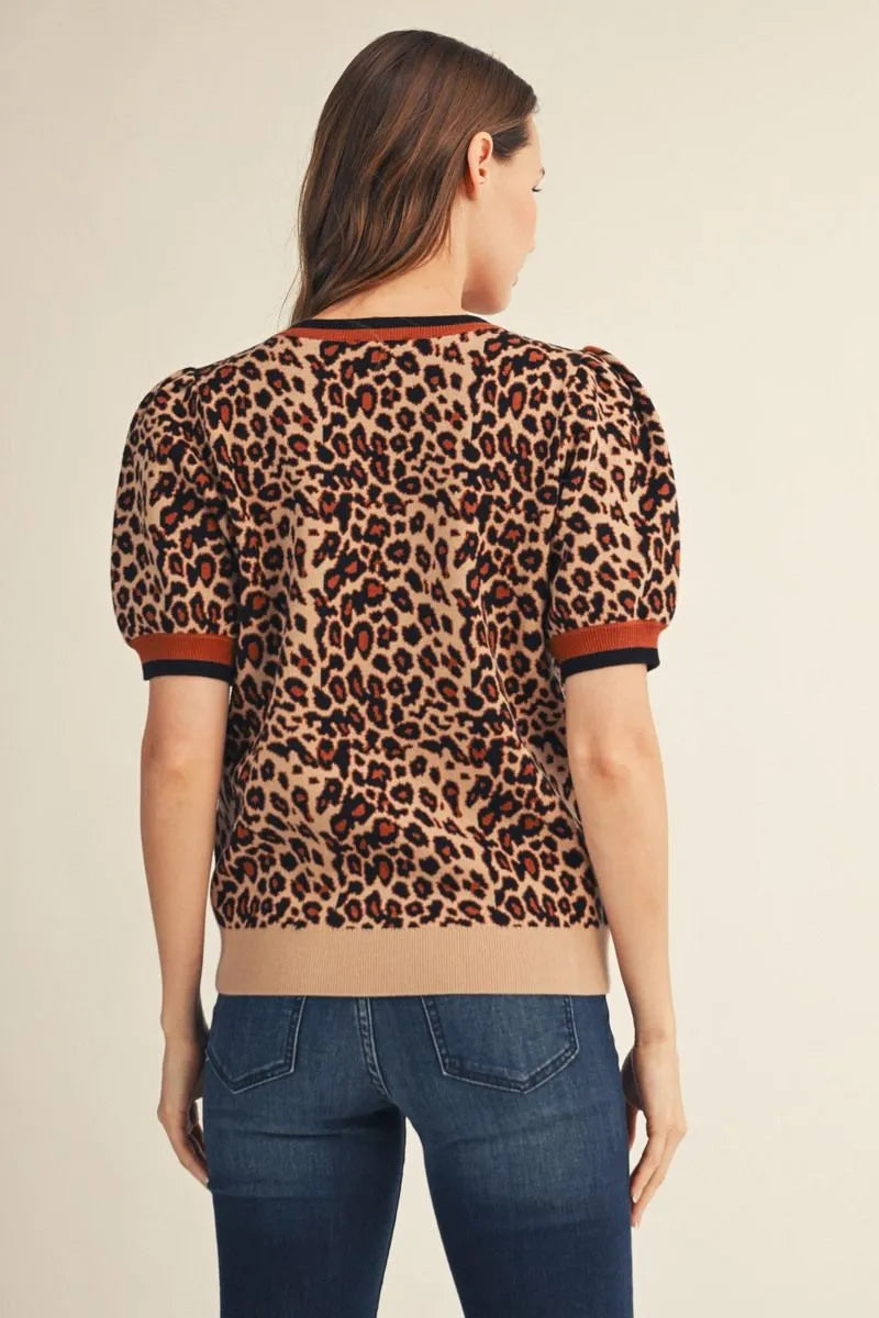 Short Puff Sleeve Leopard Sweater Top