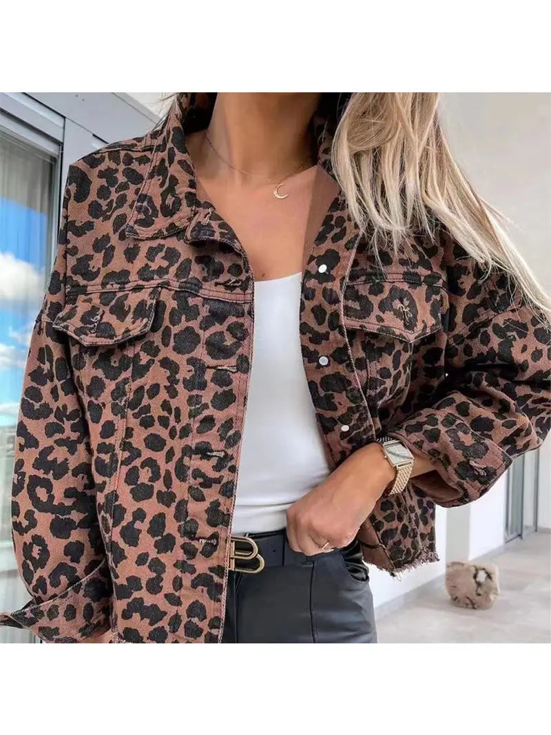 Long Sleeve Leopard Print Daily Denim Jacket