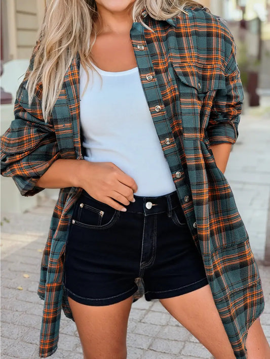 Plaid Long Sleeeve Side Split Distressed Hem Shirt