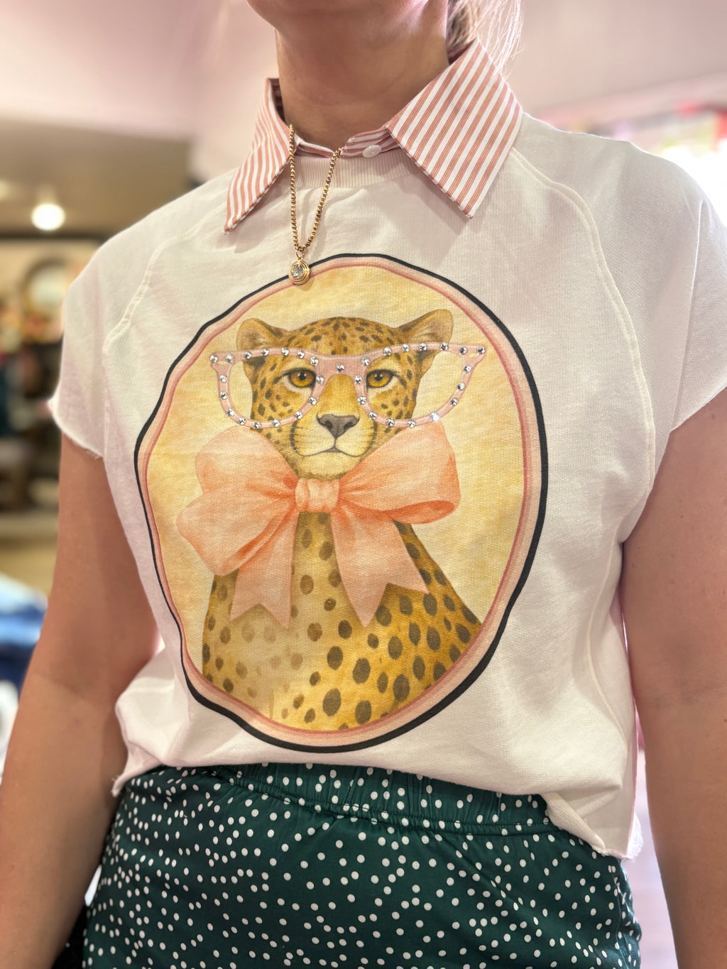 Cheetah Round Frame Rhinestone Edgy Tee