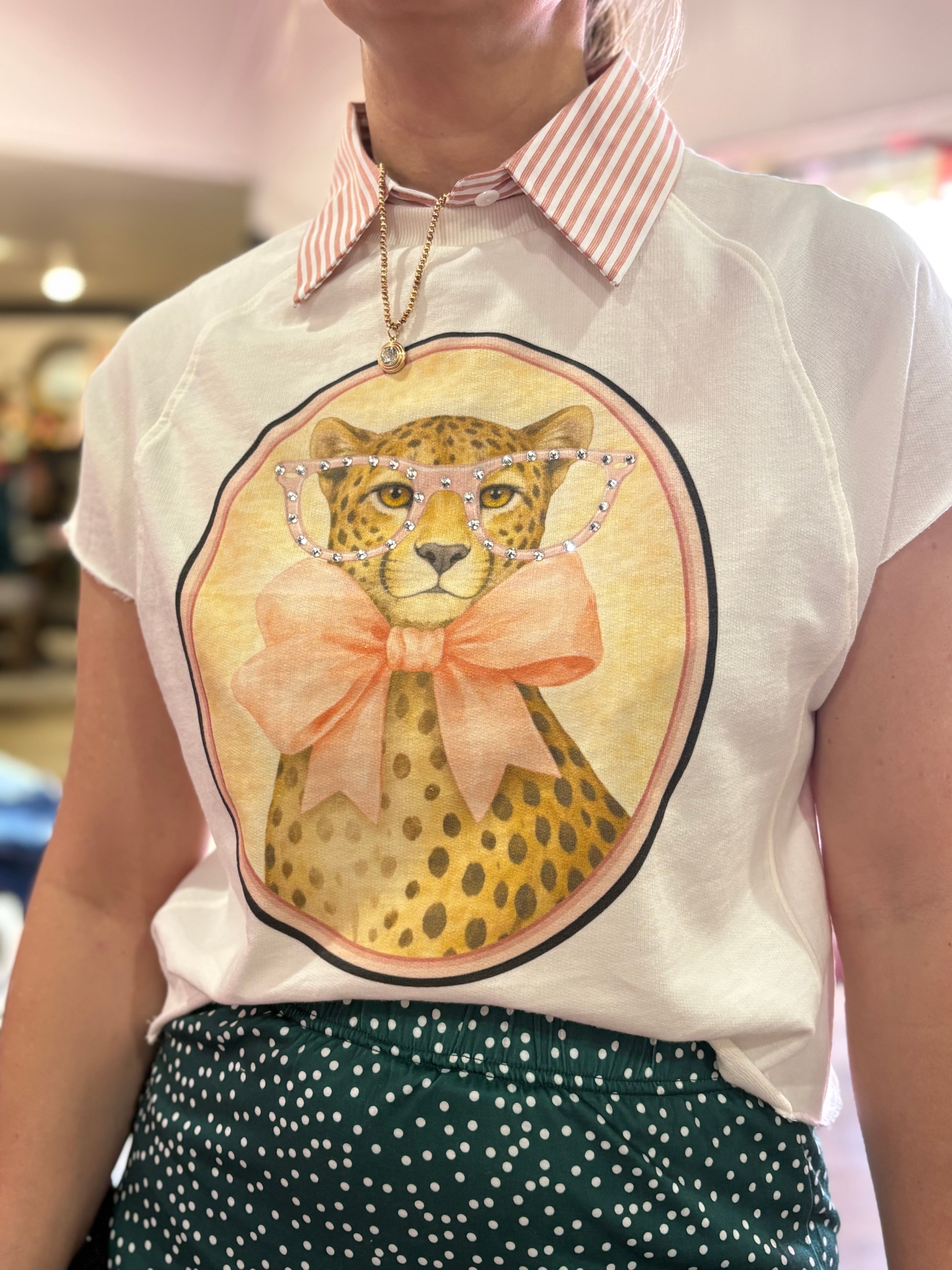 Cheetah Round Frame Rhinestone Edgy Tee