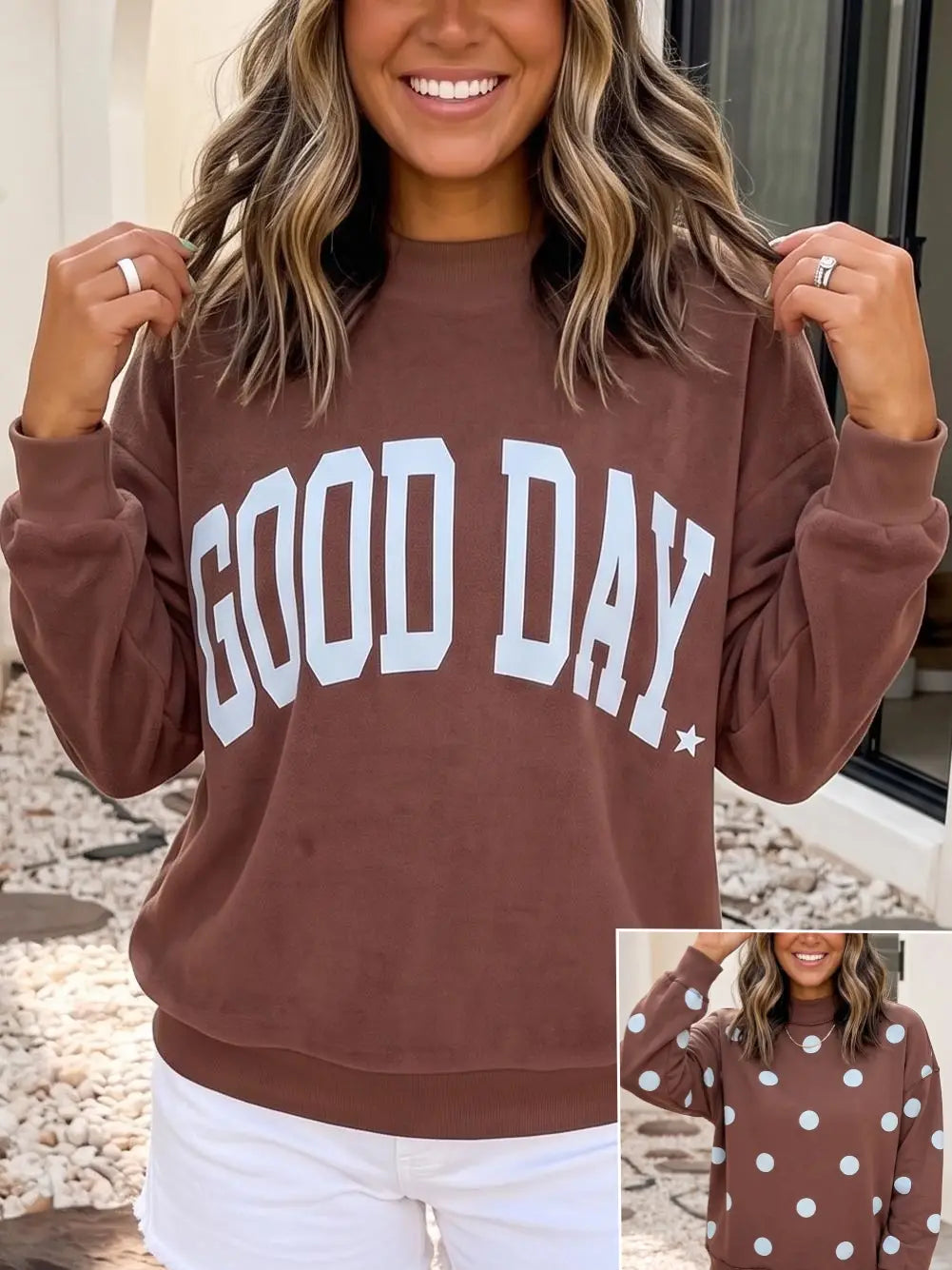Good Day Brown Polka Dot Reversible Heavy Mock Sweatshirt