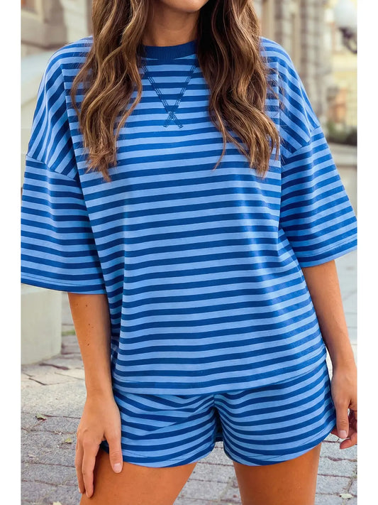 Blue Striped Pullover Shorts Set