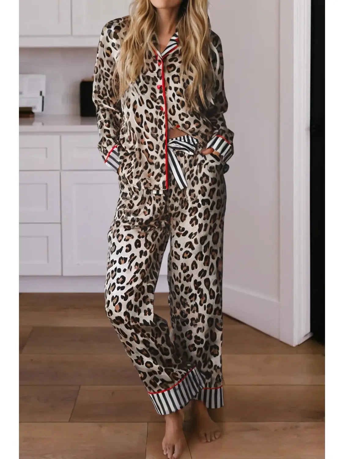 Leopard Colorblock Edge Shirt & Pants Pajamas Set