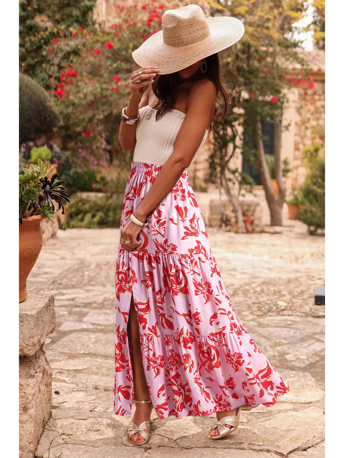 Pink Bohemian Floral Print Skirt