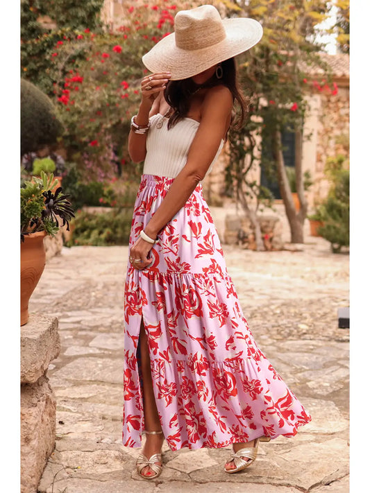 Pink Bohemian Floral Print Skirt