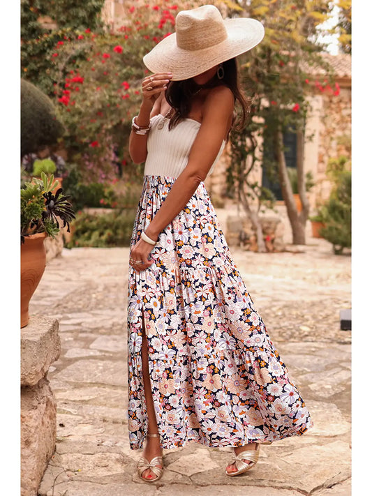 Orange Bohemian Floral Print Maxi Skirt