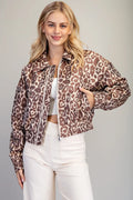 Leopard Printed Zip Up Satin Bomber Jacket
