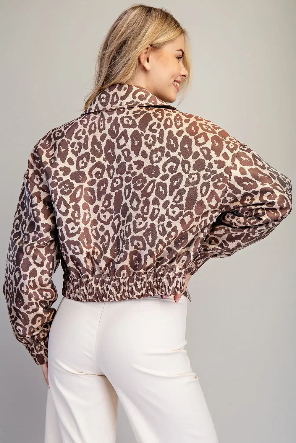 Leopard Printed Zip Up Satin Bomber Jacket