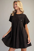 Snow Washed Pleated Side Pocket Black Mini Dress