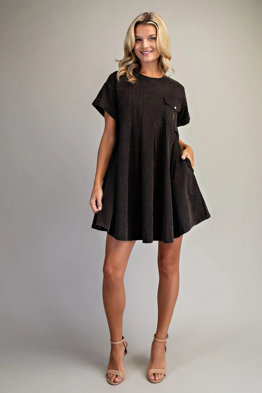 Snow Washed Pleated Side Pocket Black Mini Dress