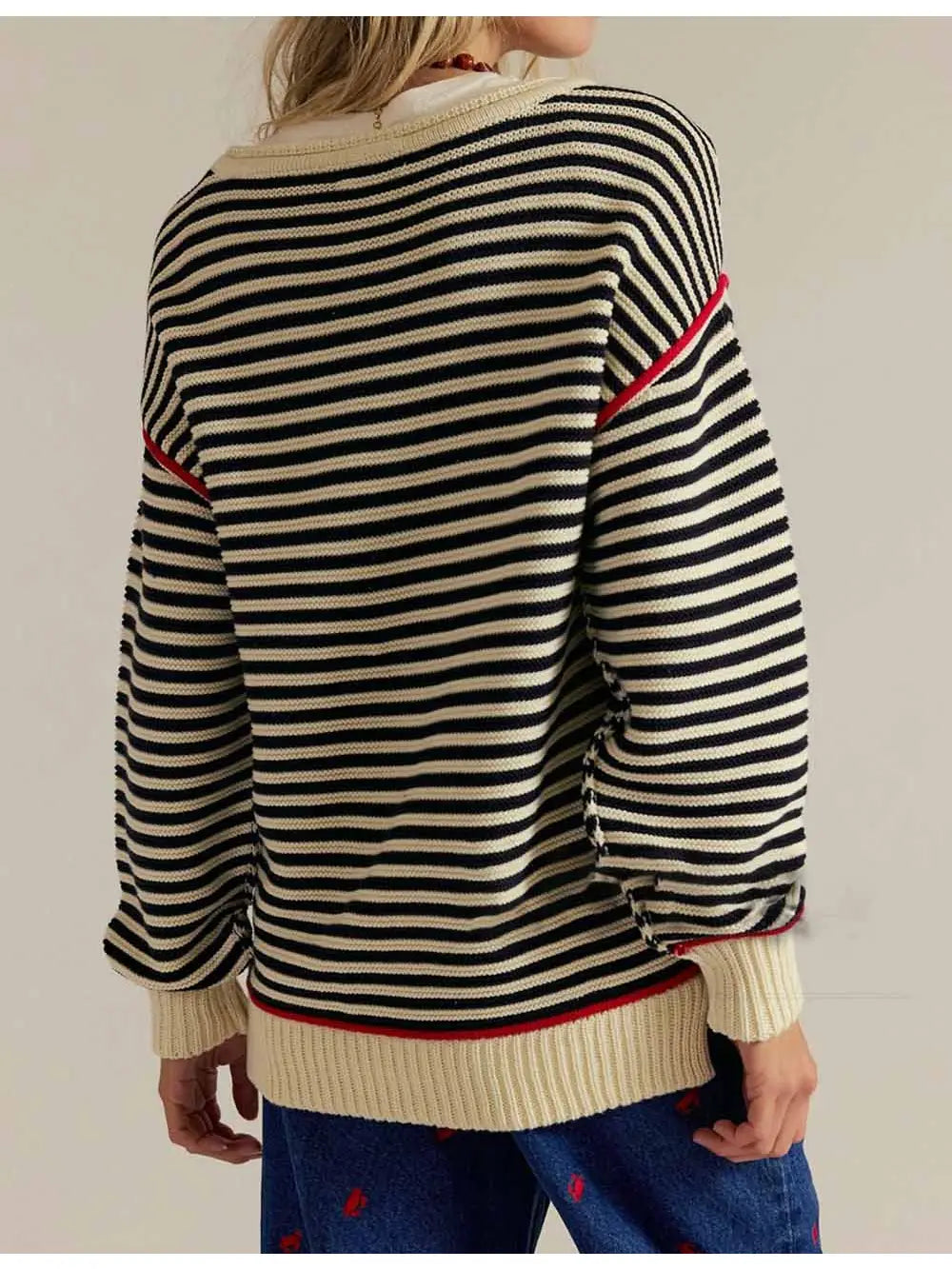 Striped Round Neck Dropped Shoulder Apricot Knit Sweater