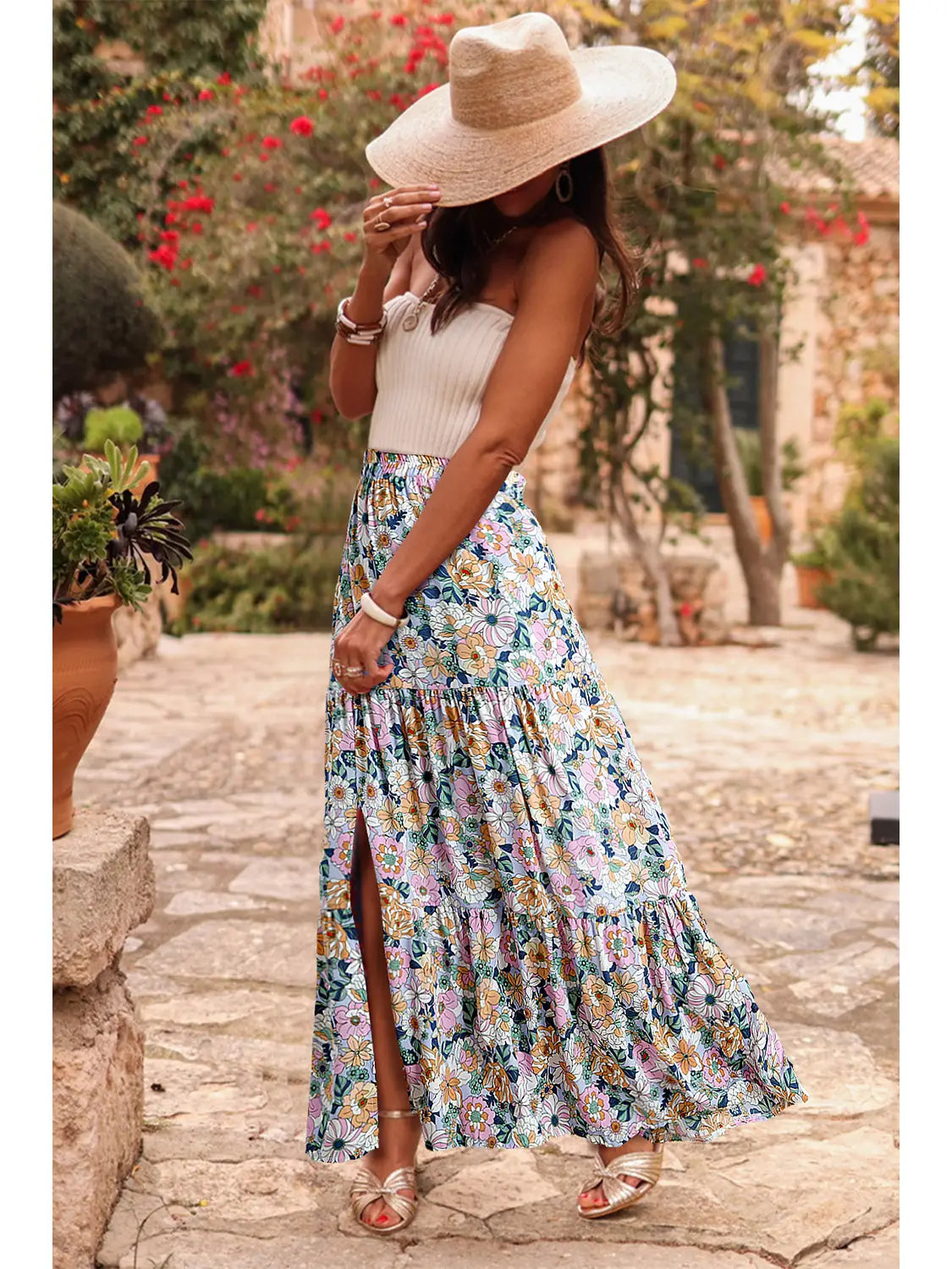 Bohemian Floral Print Tiered Maxi Skirt