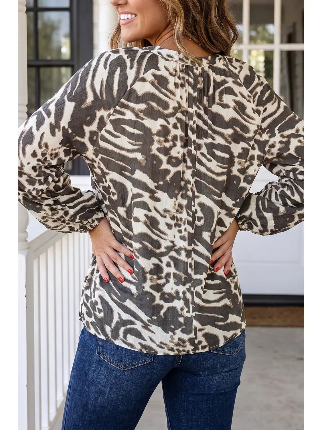 Western Zebra V Neck Button Bubble Sleeve Blouse