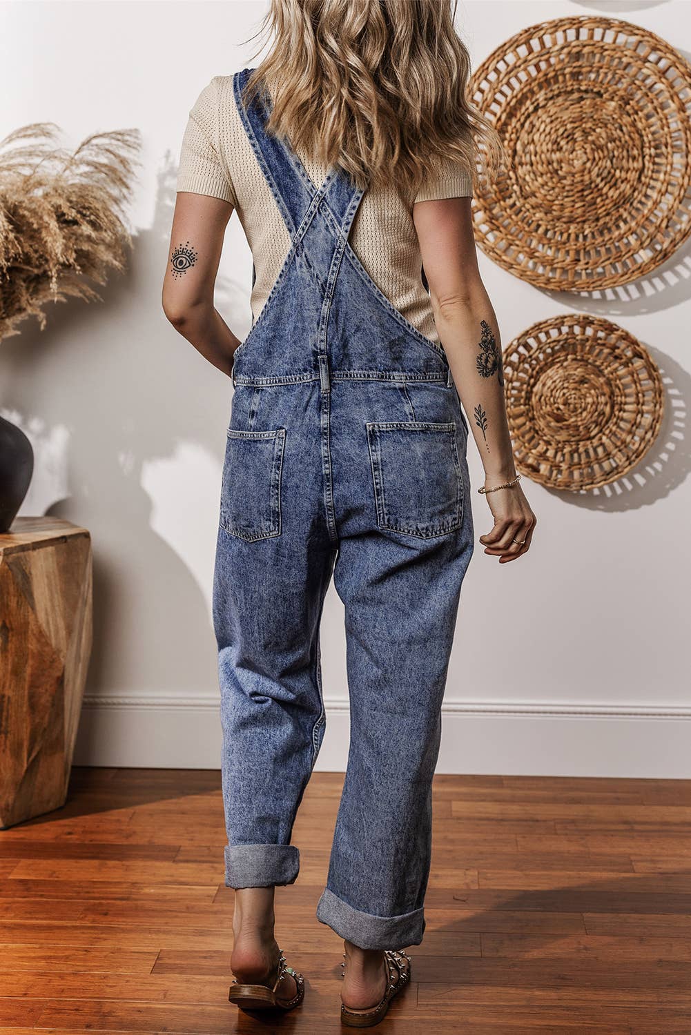 Denim Bib Straight Leg Jumpsuit with Pockets