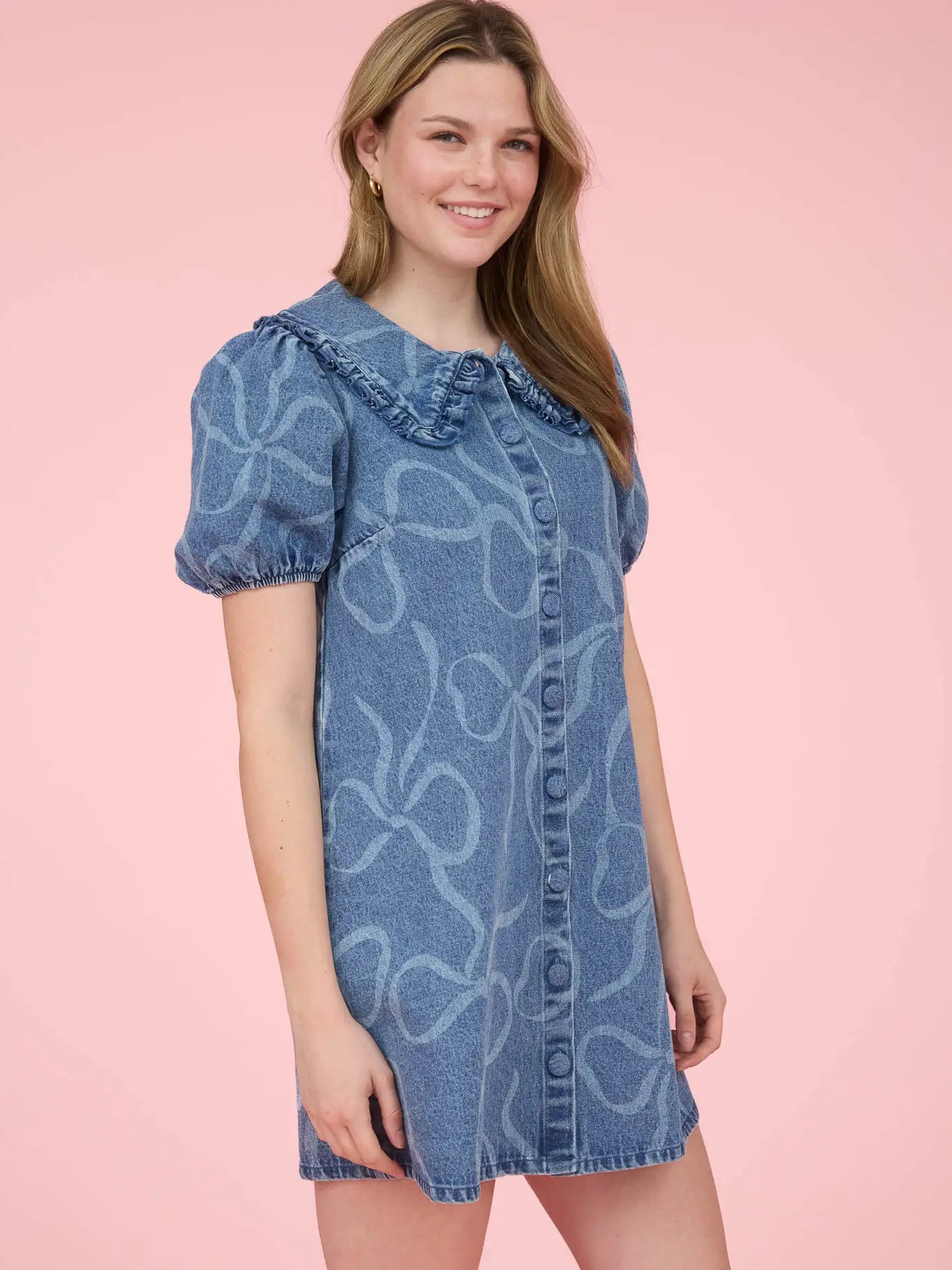 Bow Pattern Button Down Washed Denim Mini Dress