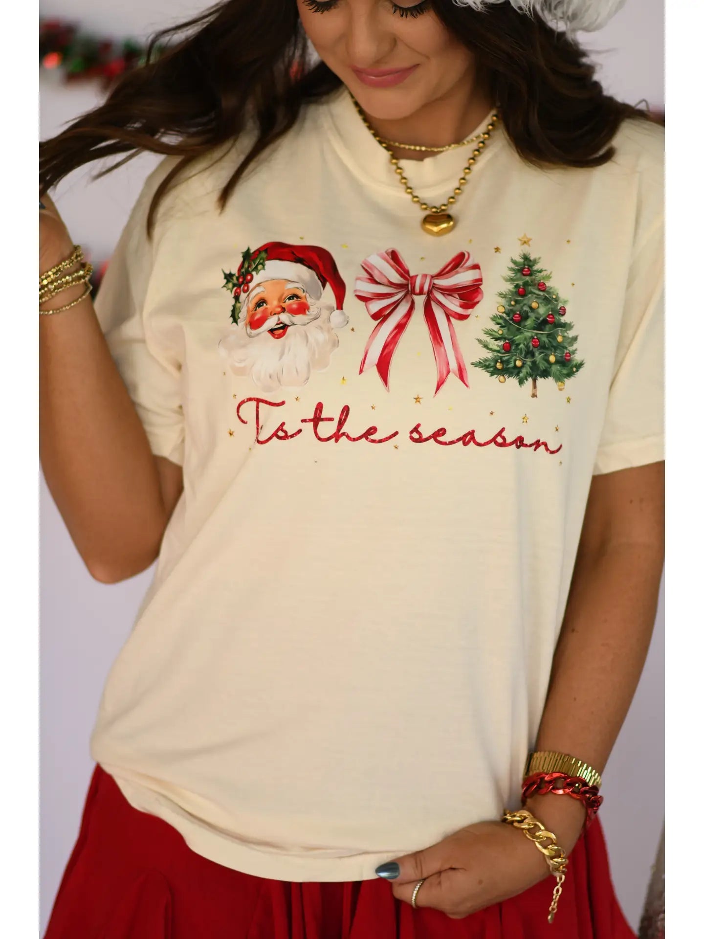 Tis The Season Santa Bow Tree Tee