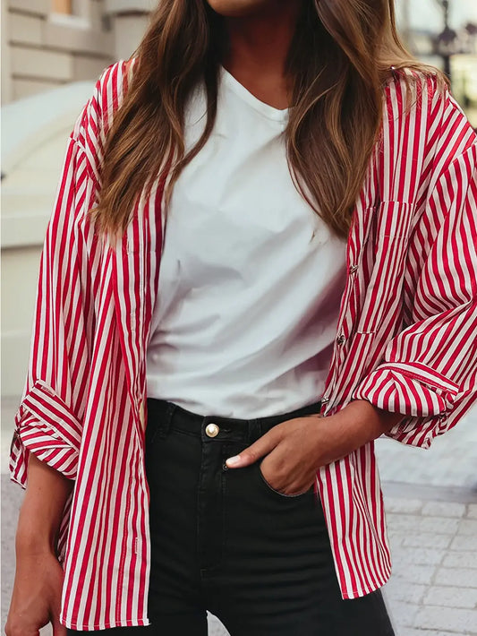 Stripe Red Pocket Side Slit Loose Button Up
