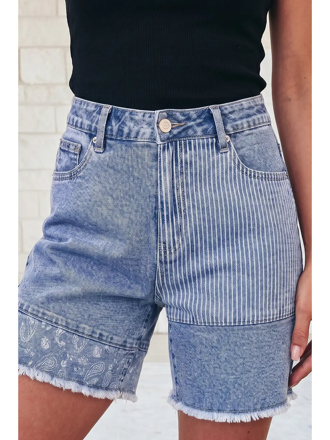 Striped Paisley Mixed Patchwork Raw Hem Stretch Denim Shorts
