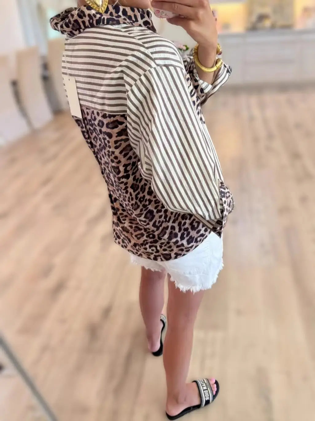 Chic Style Leopard & Striped Patchwork Shirt